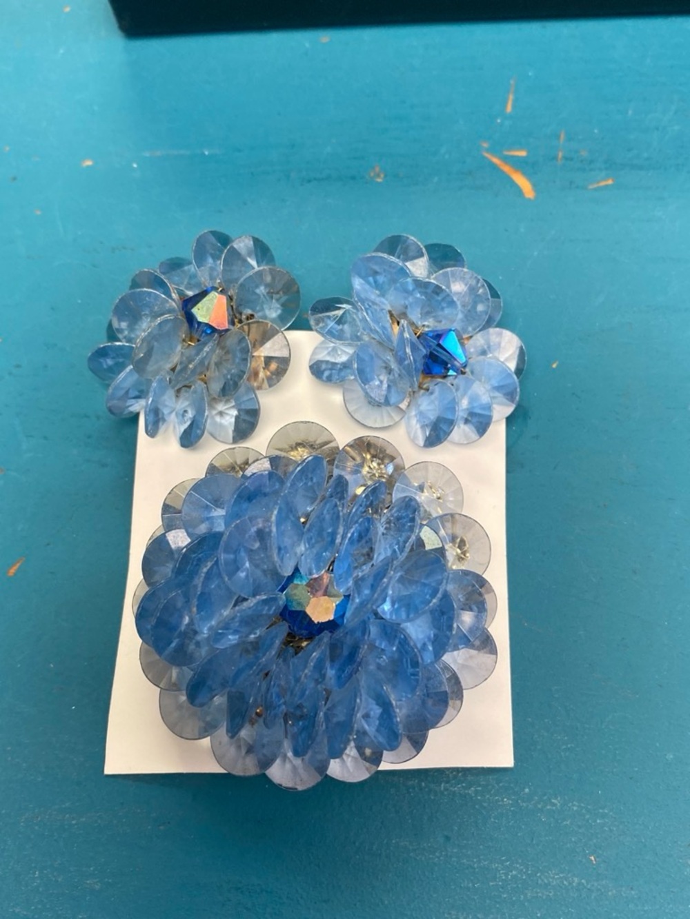 Vintage Blue glass  Flower Brooch and Clip-On Earring Set